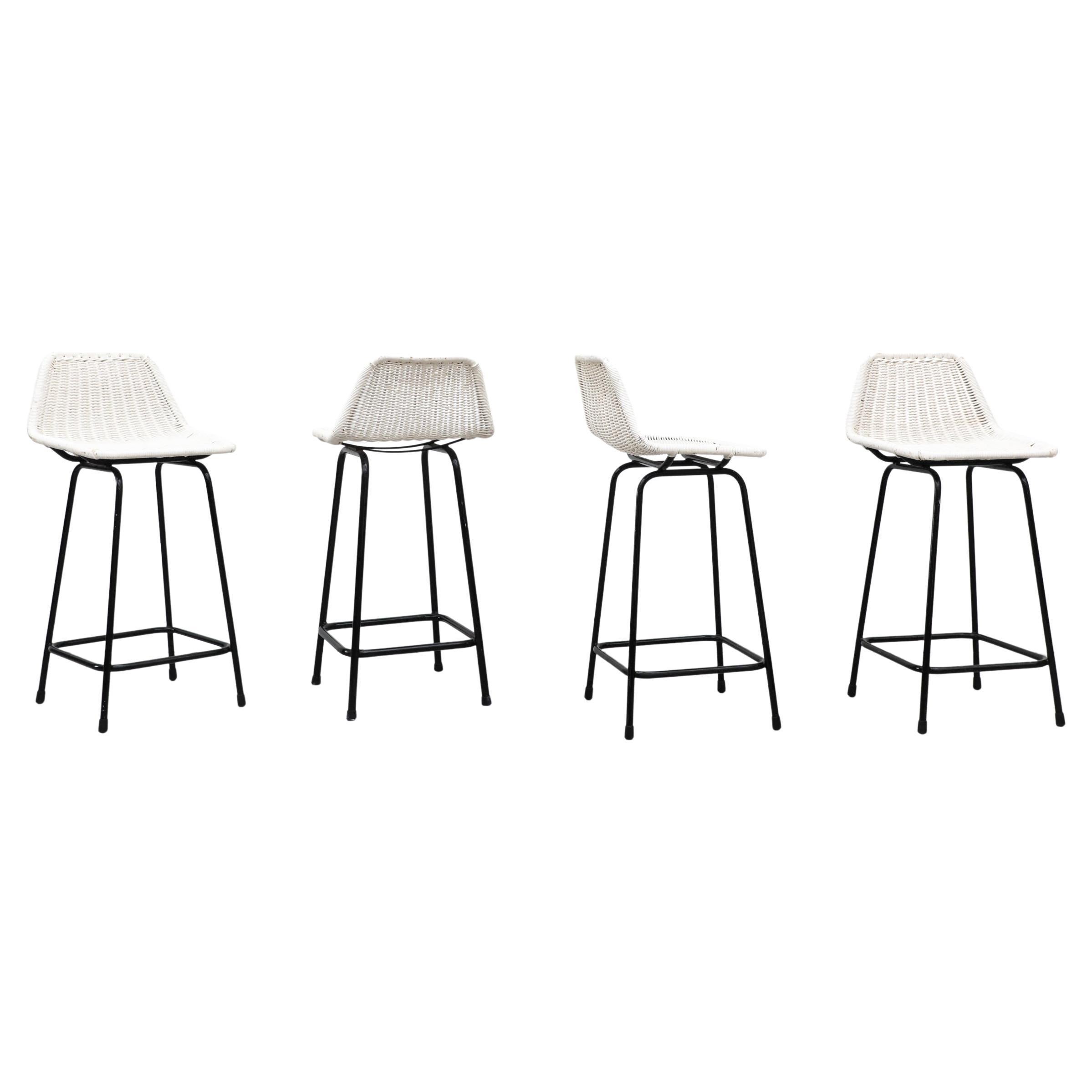 Set of 4 White Wicker Charlotte Perriand Style Counter Height Stools For Sale