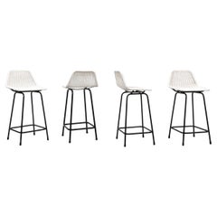 Set of 4 White Wicker Charlotte Perriand Style Counter Height Stools