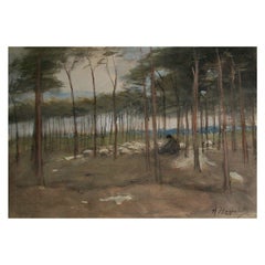 Antique Arina Hugenholtz, Landscape Painting with Sheep, Netherlands, 19th Century