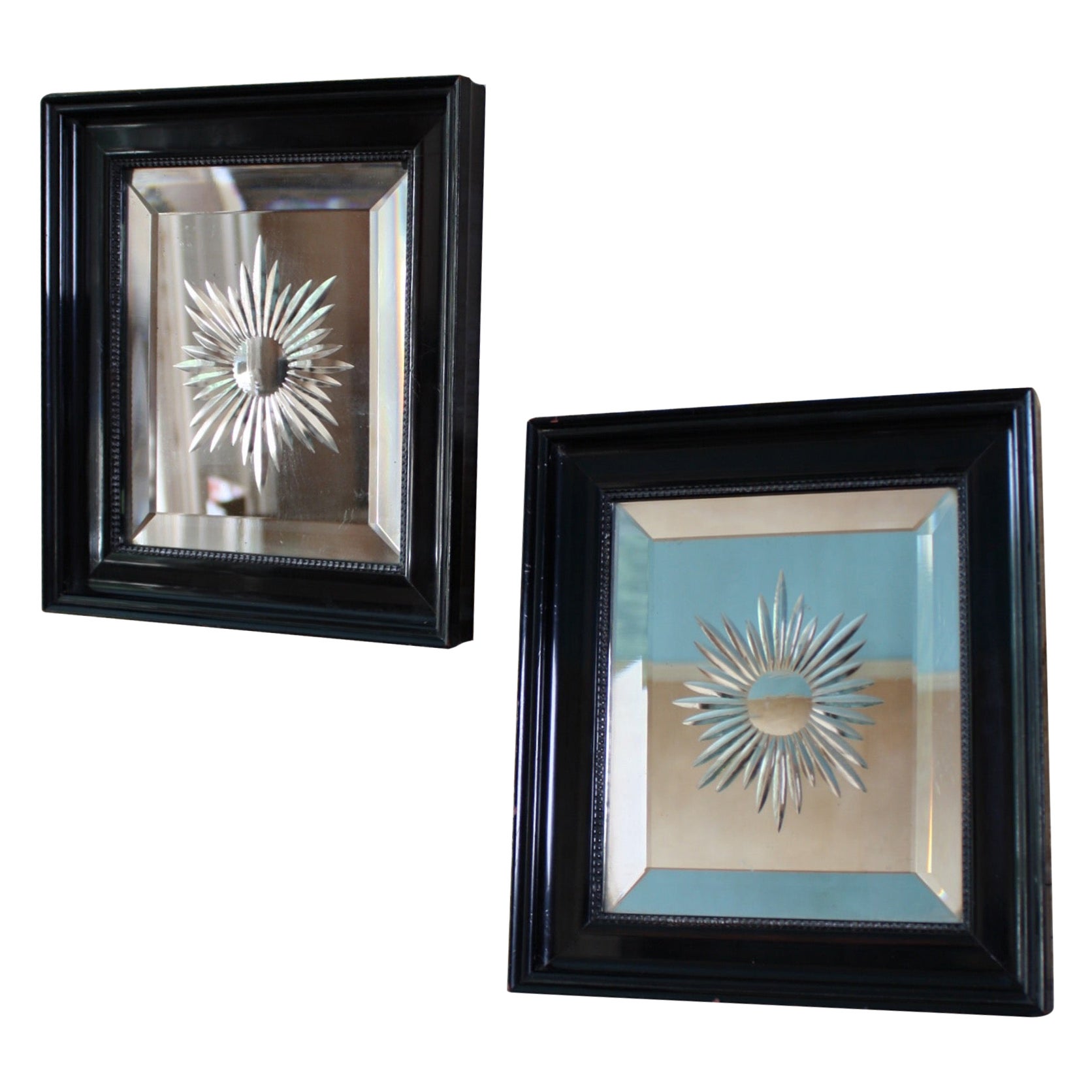 19th Century Pair of Victorian Cut & Faceted Glass Mirrors Ebonised Frames For Sale