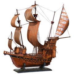 Mid-Century Spanish Carved Wood and Metal Model Ship