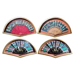 Set of 4 Antique 19th Century Japanese Hand-Painted Fans in Shadowboxes.