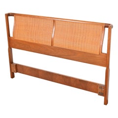 Retro Barney Flagg for Drexel Parallel Walnut and Cane Full Size Headboard