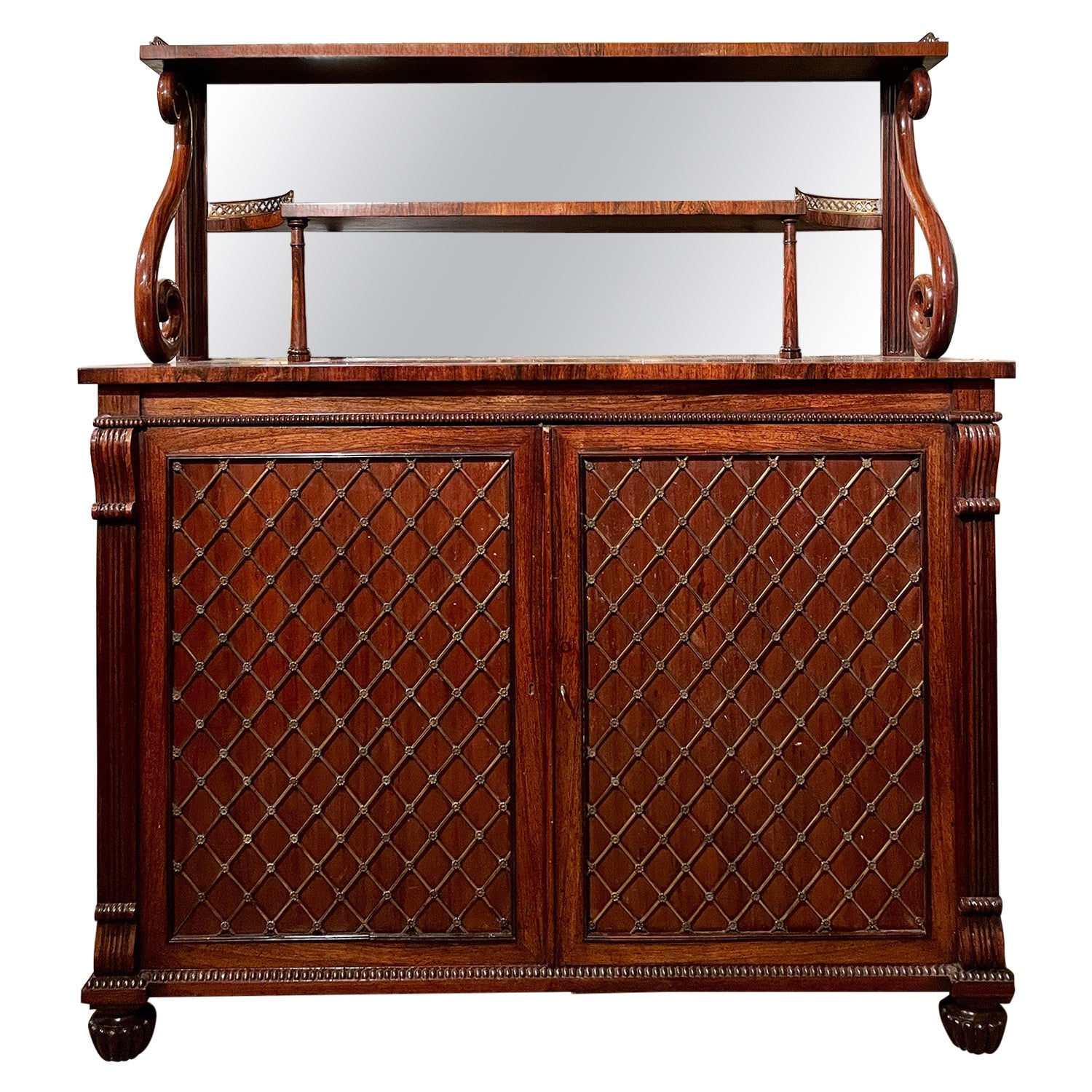 Antique English Regency Rosewood Cabinet with Mirror & Galleried Top, circa 1830 For Sale