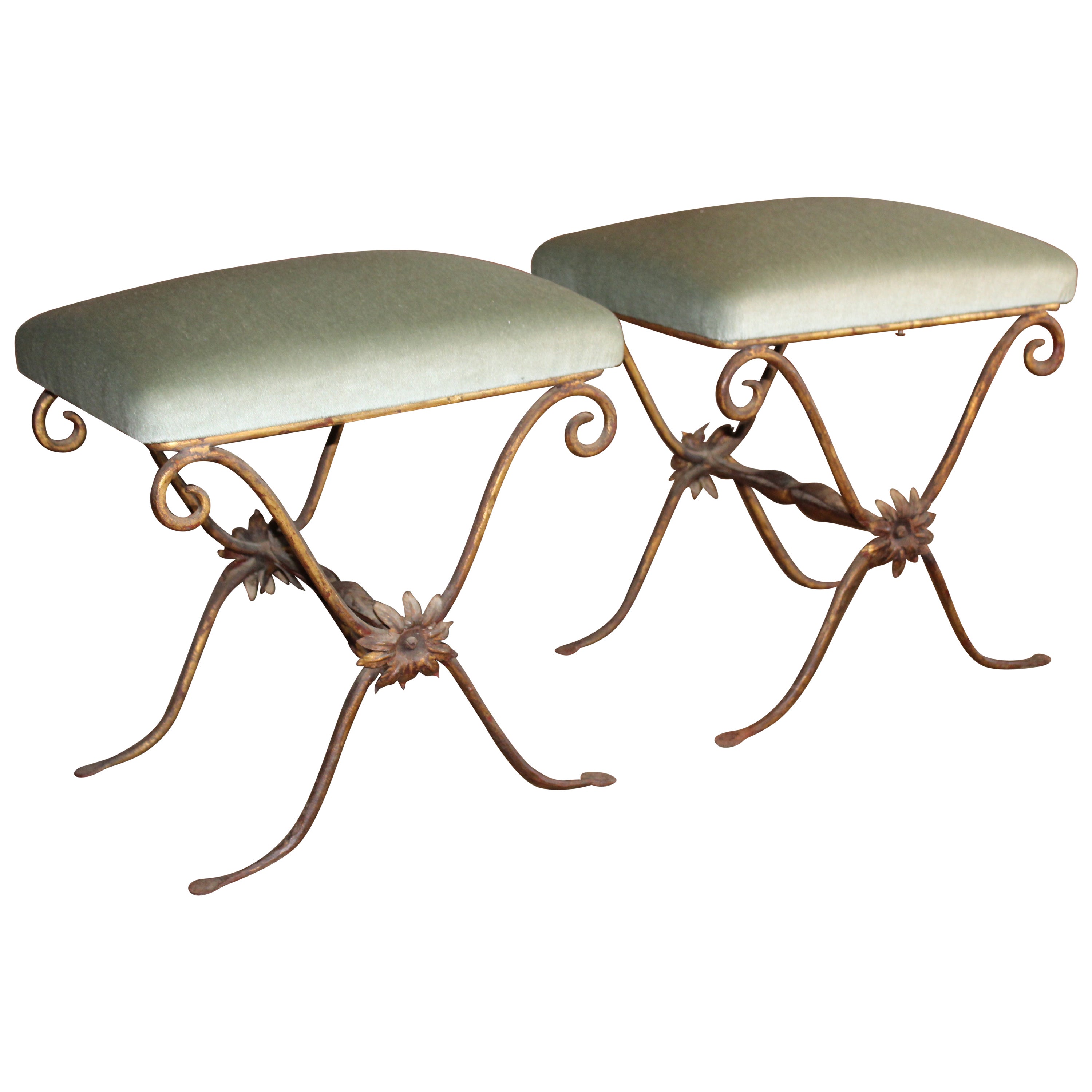 Pair of 1930s Spanish Gilt Iron Stools in Mohair at 1stDibs
