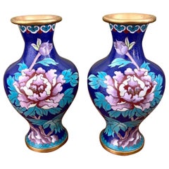 Vintage Blue Cloisonné Vases - A Pair