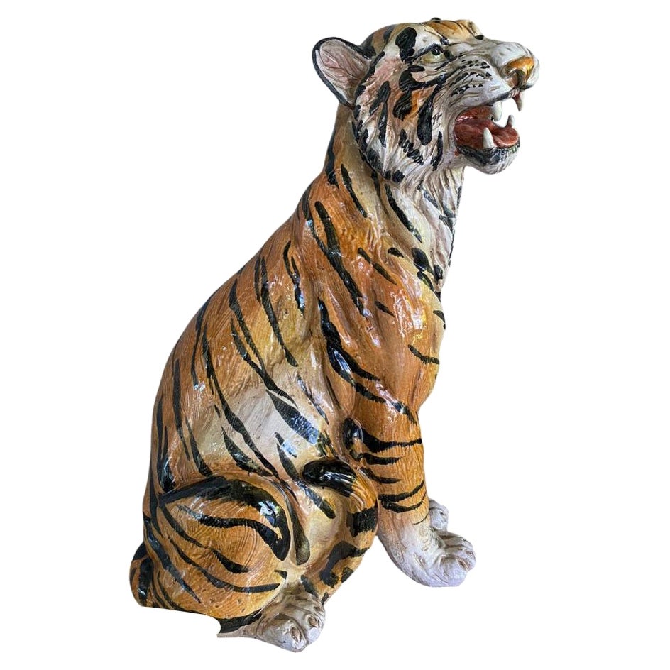 Sculpture Vintage en Terracota émaillée Tigre rugissant