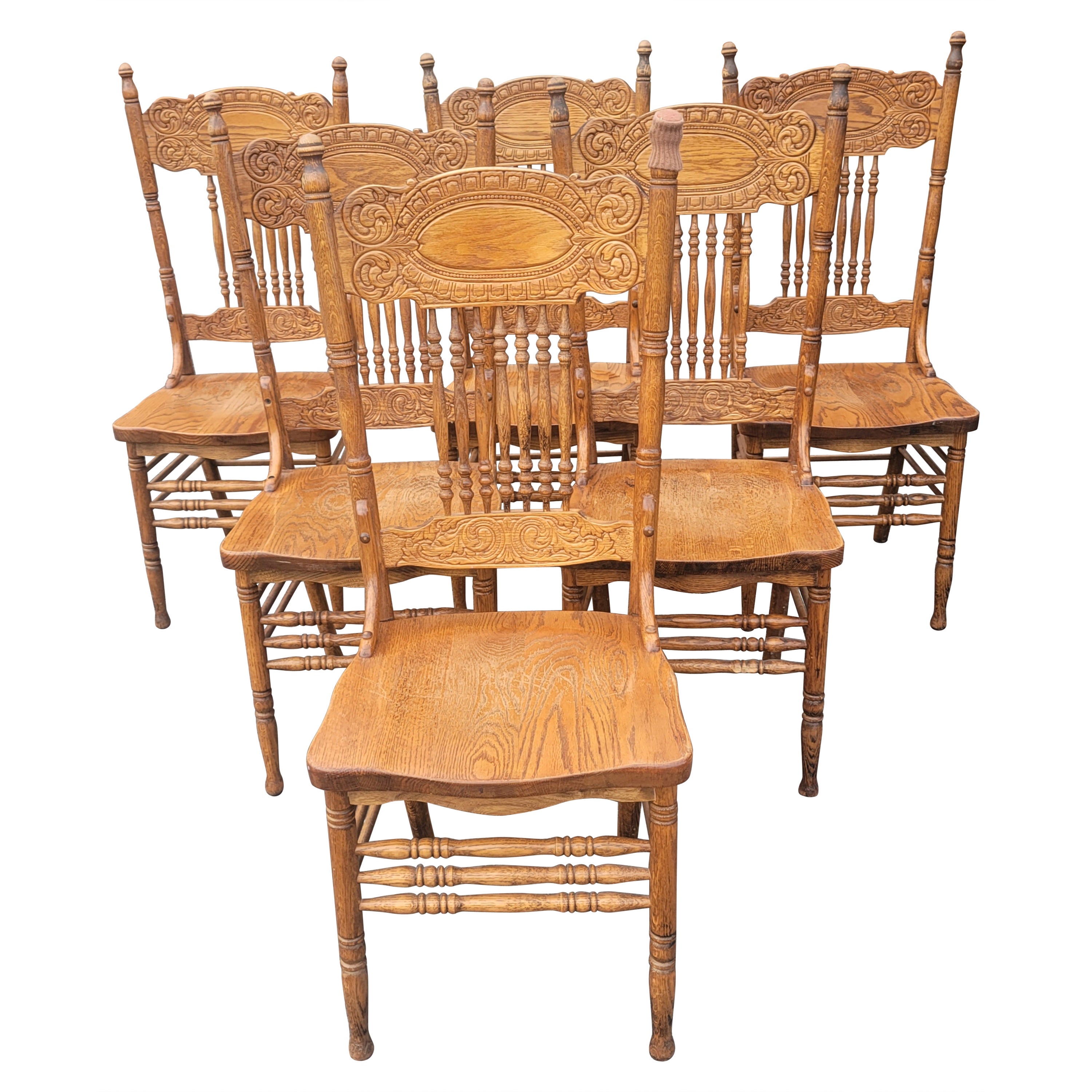 Vintage Mona Liza Furniture Handcrafted Oak Press Back Dining Chairs, Set of 6 For Sale