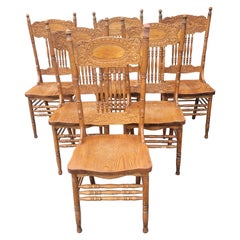 Vintage Mona Liza Furniture Handcrafted Oak Press Back Dining Chairs, Set of 6