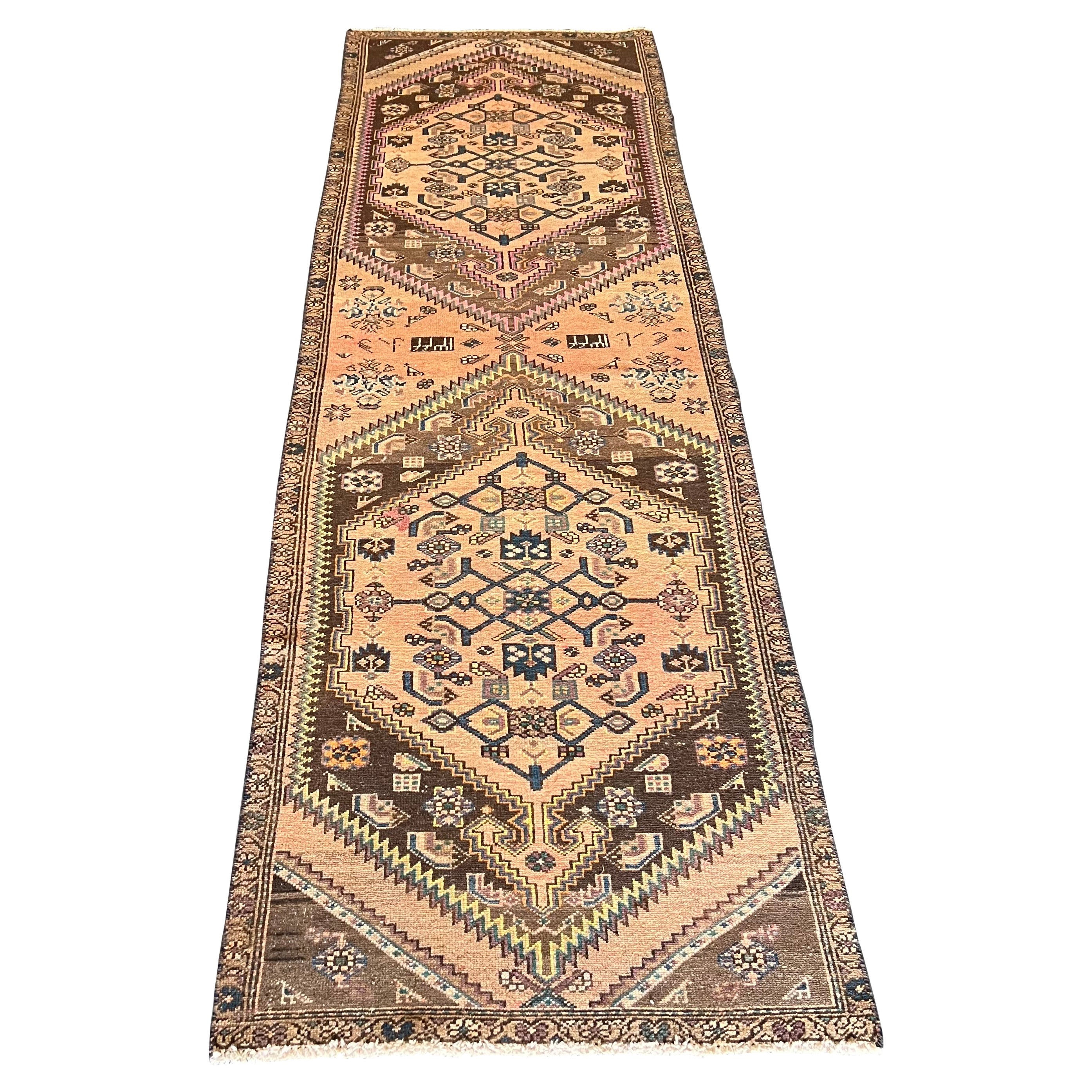 Vintage Persian Runner, Beige, Brown, Purple, Blue Hues For Sale