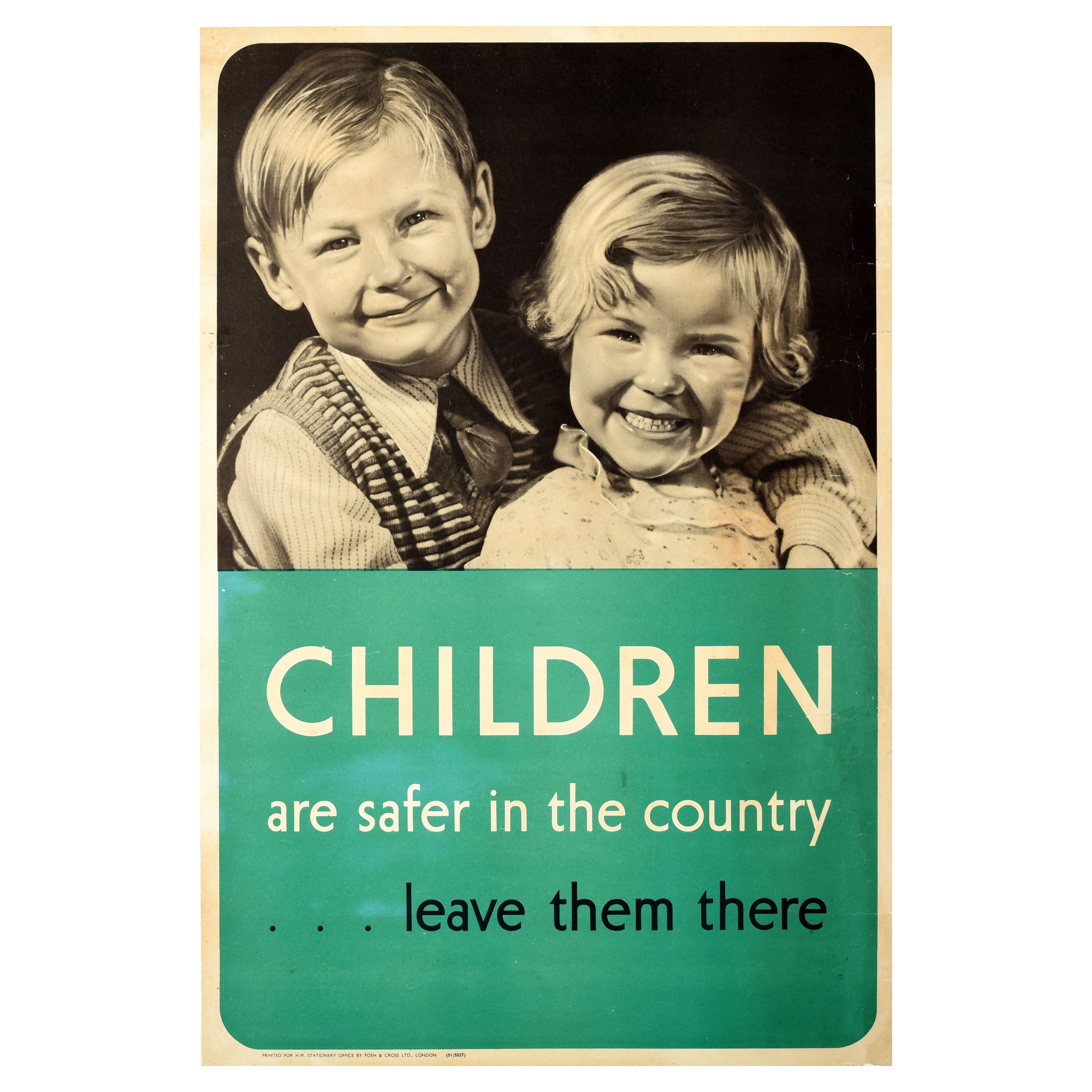 Original Vintage WWII Poster Children Are Safer In The Country War Evacuation For Sale