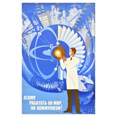 Original Vintage Soviet Poster Atom Works For Peace And Communism USSR Science