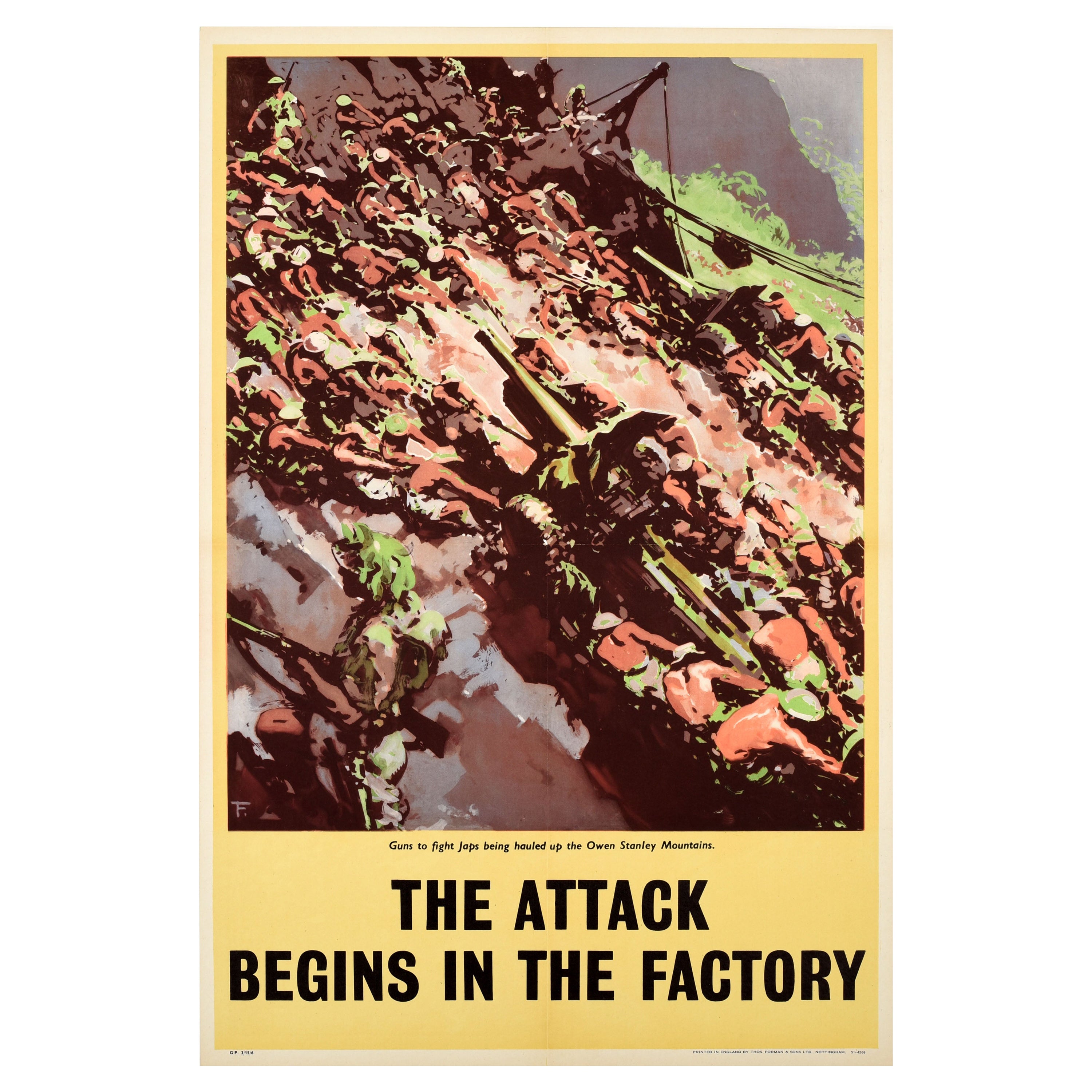 Original Vintage WWII Poster Attack Factory Owen Stanley Mountains Pacific War For Sale