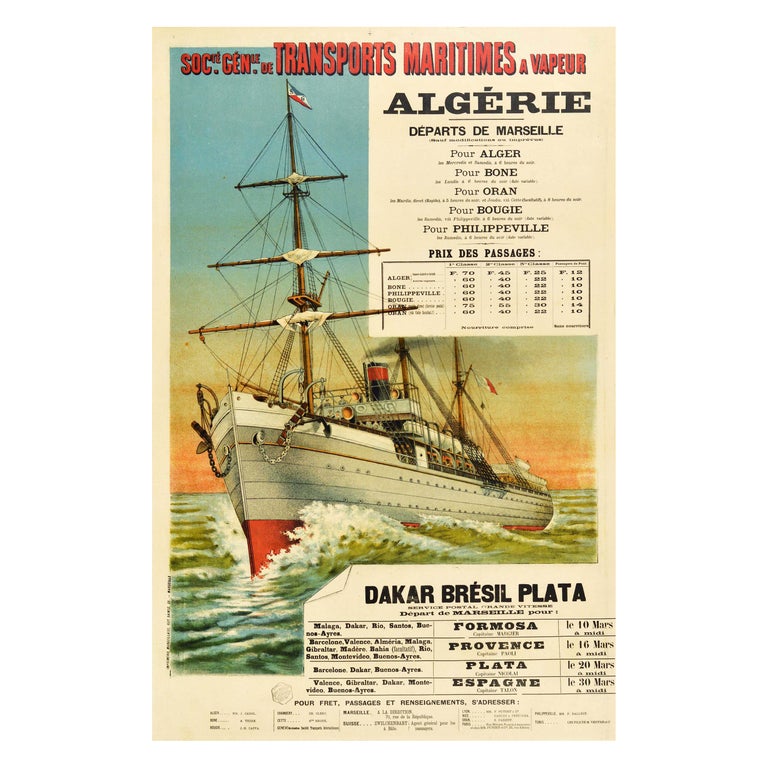 Original Antique Poster Transport Maritimes Algeria South America Cruise  Travel For Sale at 1stDibs