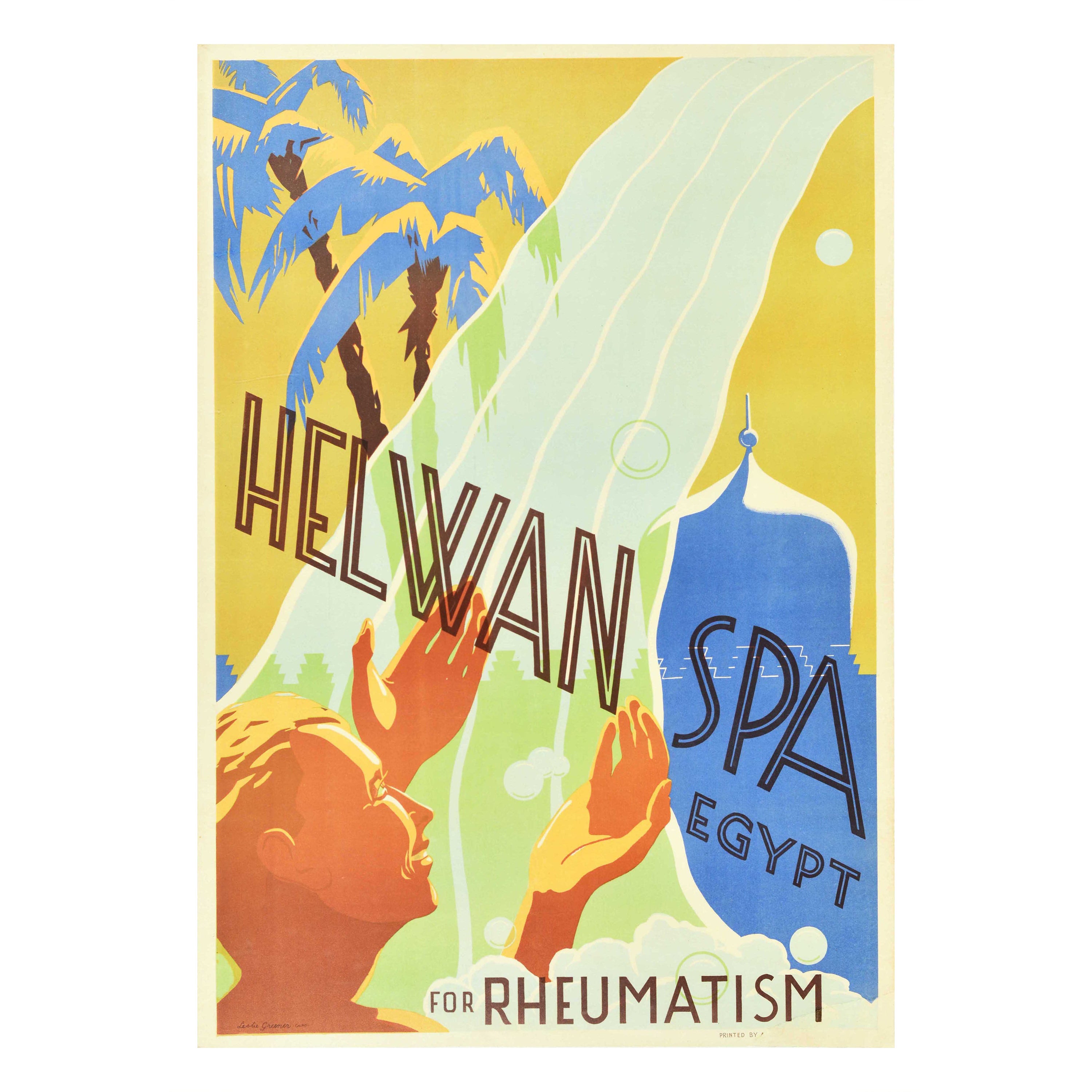 Original Antique Poster Helwan Spa Egypt For Rheumatism Health Water Travel Art For Sale