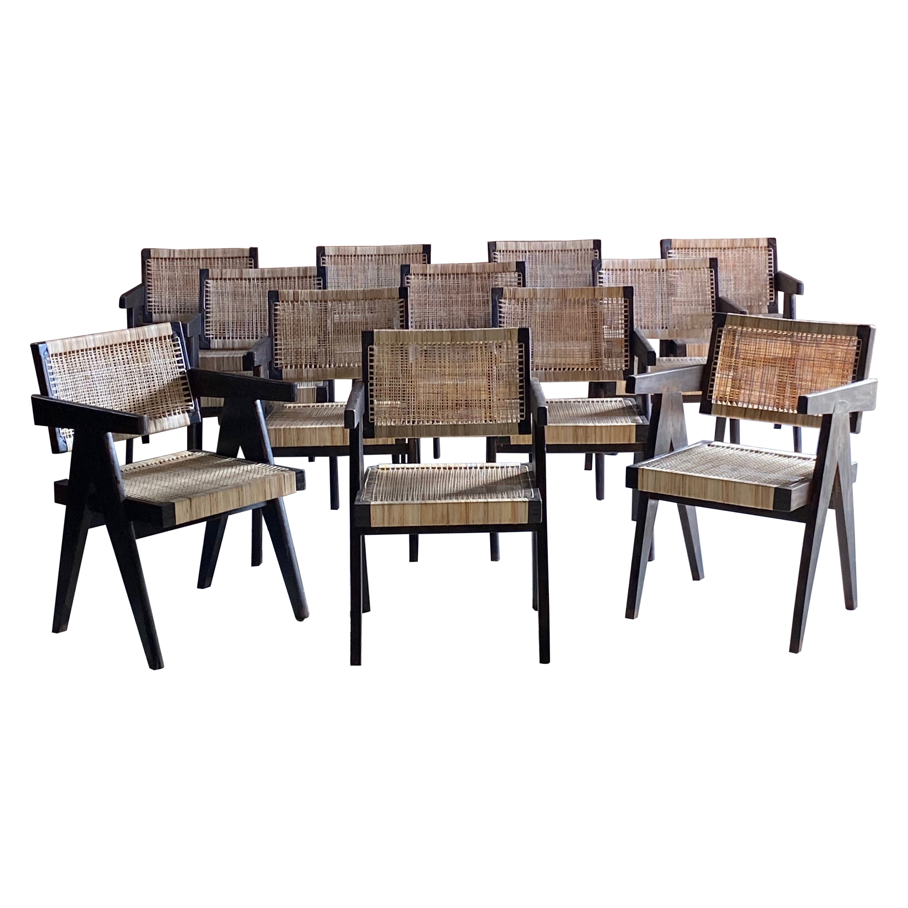 Pierre Jeanneret ‘Black’ Dining Chairs Set of 12 Certificate by Jacques Dworczak For Sale