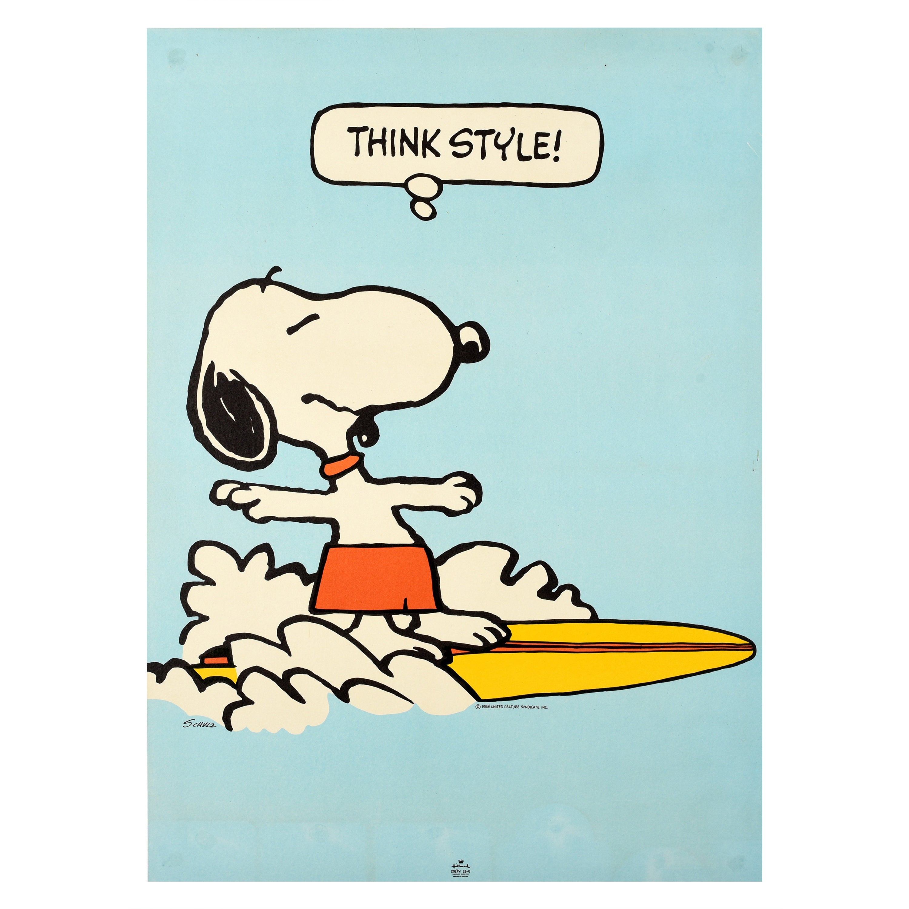 Affiche rétro originale Snoopy Think style dessin animé, chien de surfeur amusant, oeuvre d'art en vente