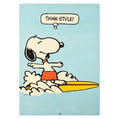 Affiche rétro originale Snoopy Think style dessin animé, chien de surfeur amusant, oeuvre d'art