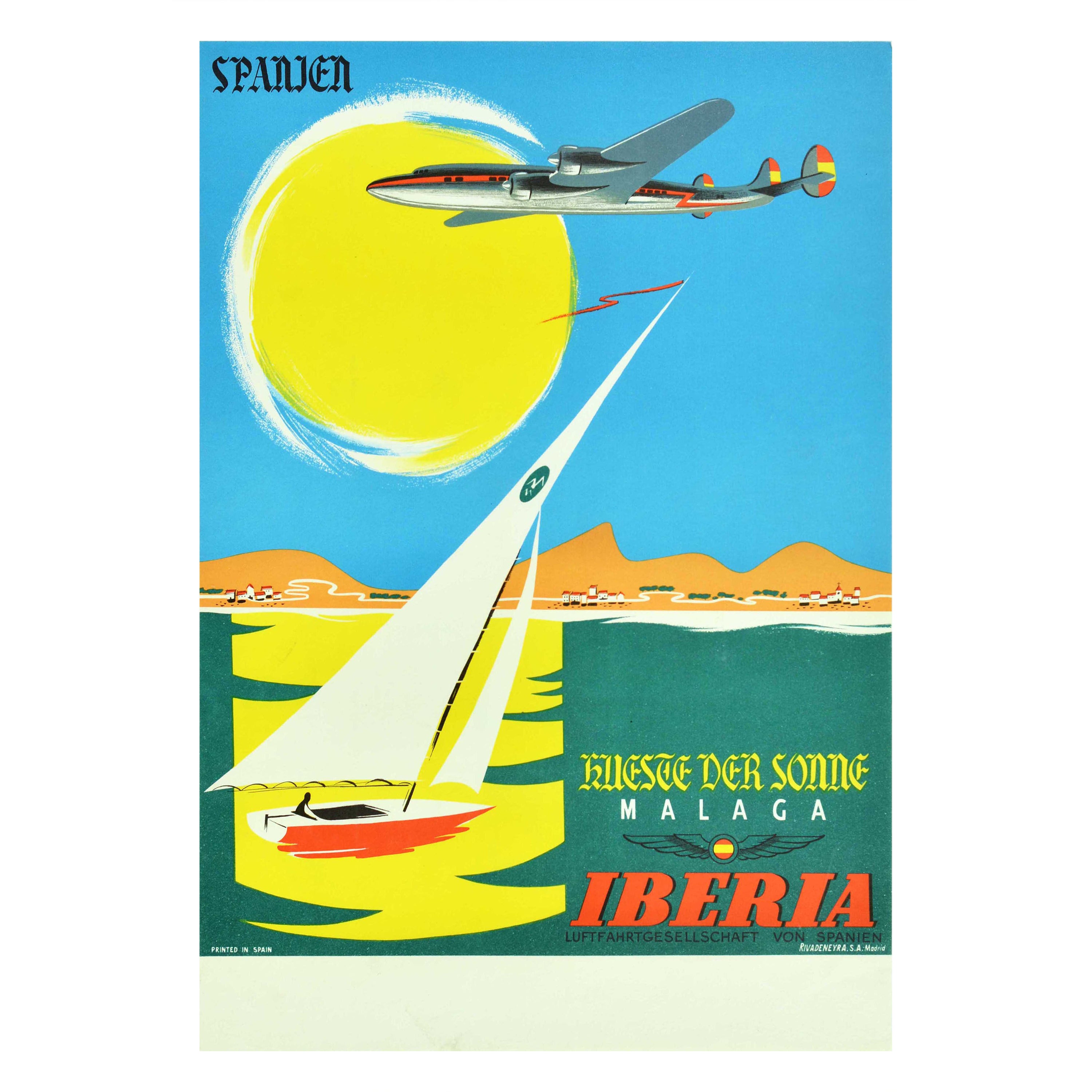 Affiche rétro originale de voyage Malaga Spain Iberia Costa Del Sol, Espagne, Voile