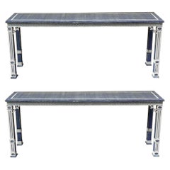 Blue & Ivory Painted Chinese Chippendale Style Tomlinson Console Tables, Pair