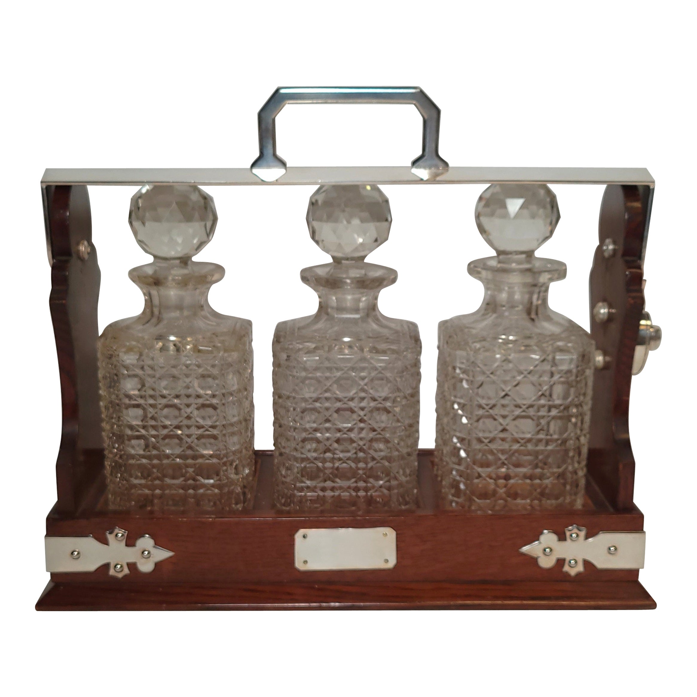 Antique English Oak and Silverplate Tantalus with Cut Crystal Decanters