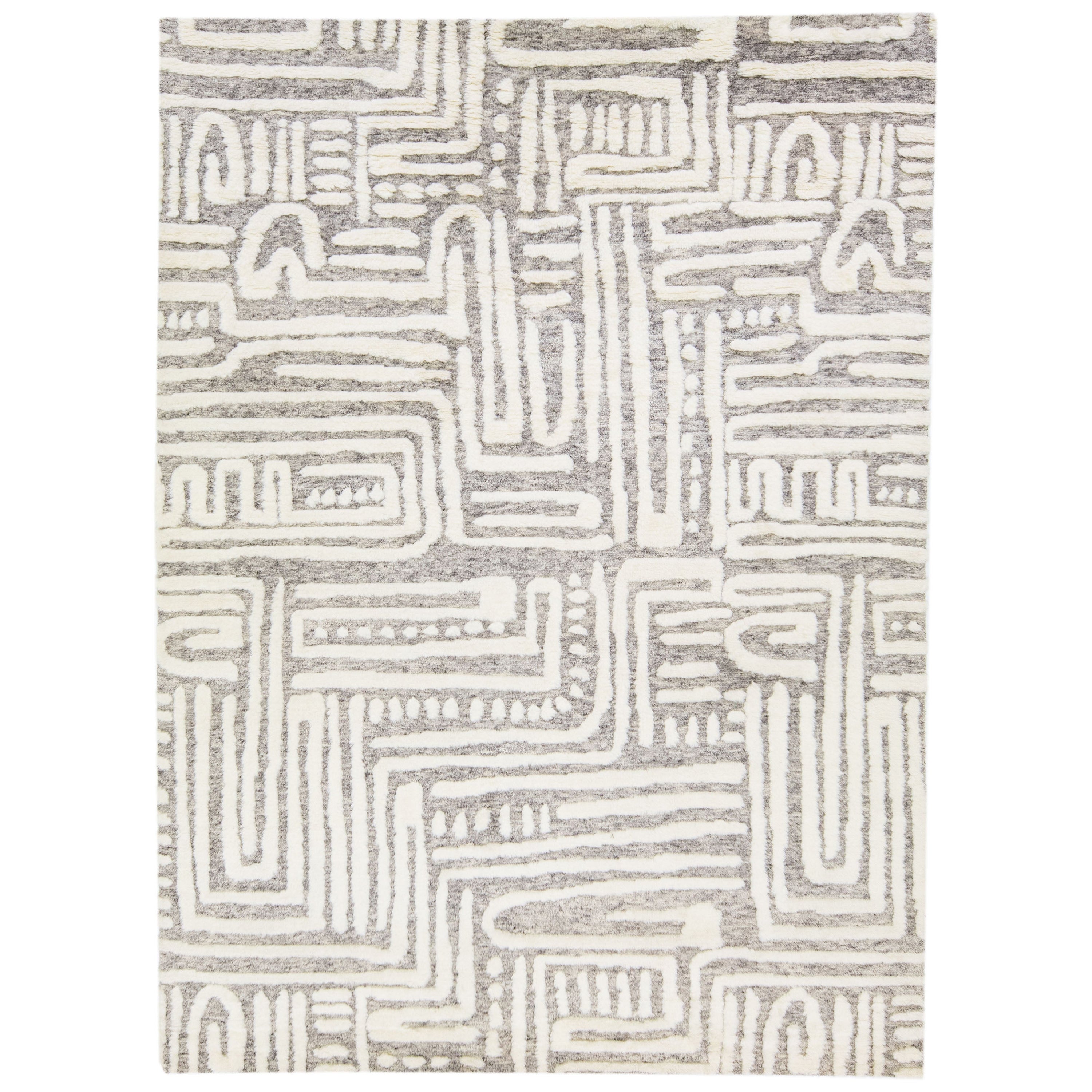 Modern Moroccan Style Handmade Ivory Wool Rug with Abstract Motif by Apadana For Sale