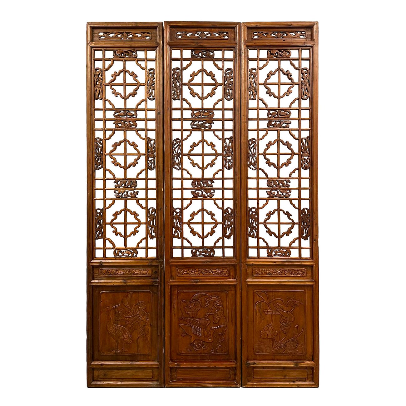 Écran en bois à 3 panneaux de la fin du XIXe siècle, fabriqué à la main, de style chinois ancien/séparation de meubles en vente