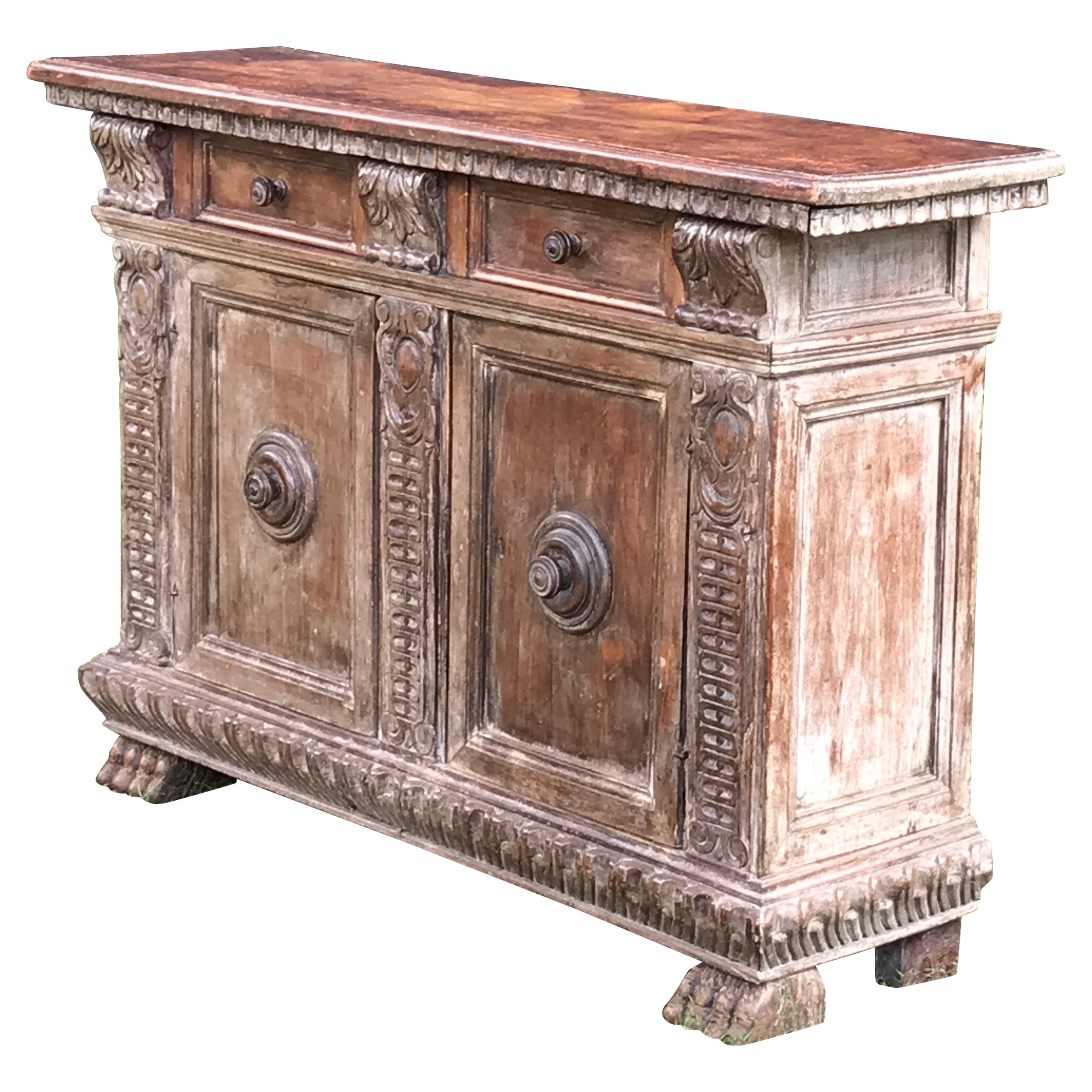 Credenza Cupboard Italian Walnut Carved Narrow For Sale