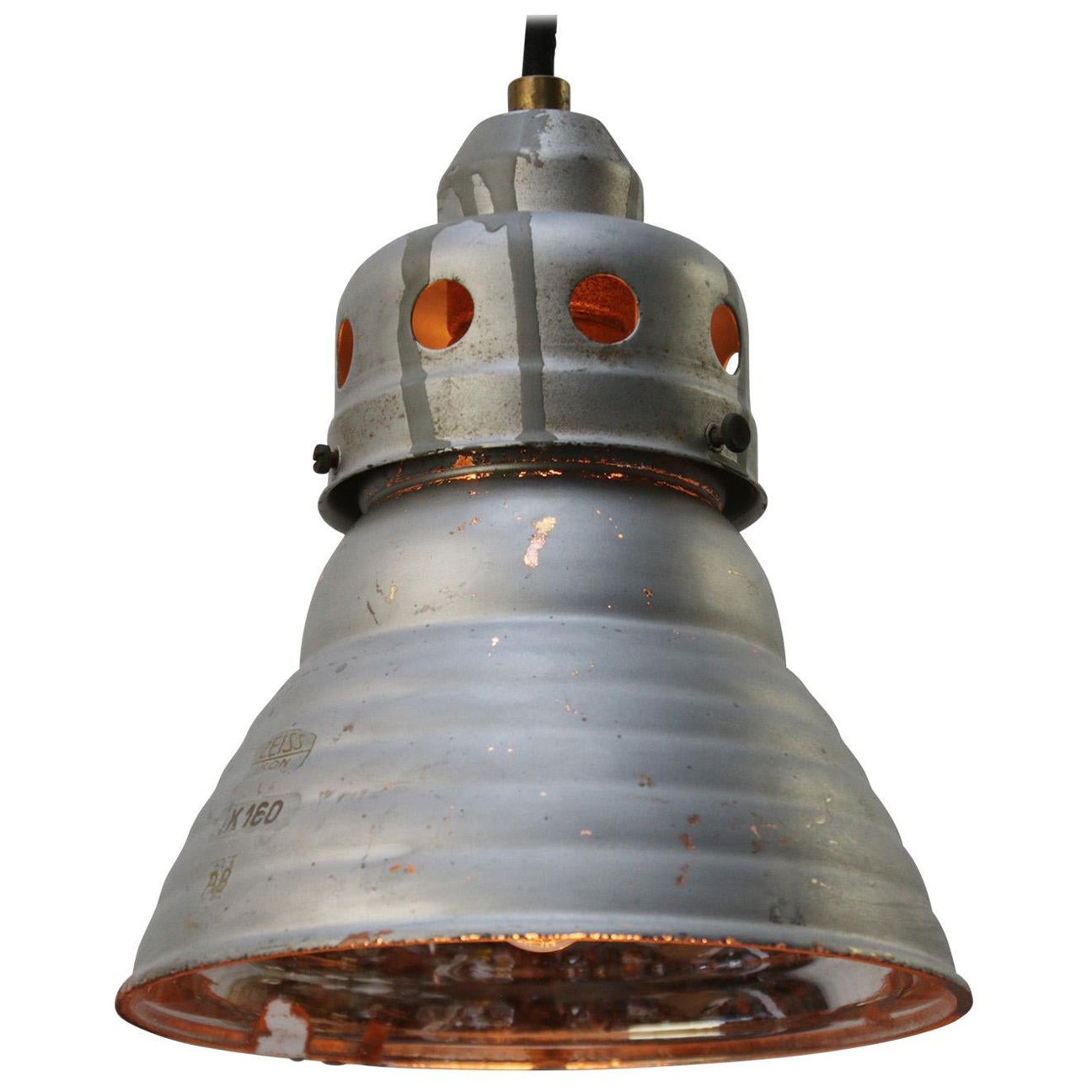 Lampe à suspension industrielle vintage Zeiss Ikon Mercury en verre et miroir  
