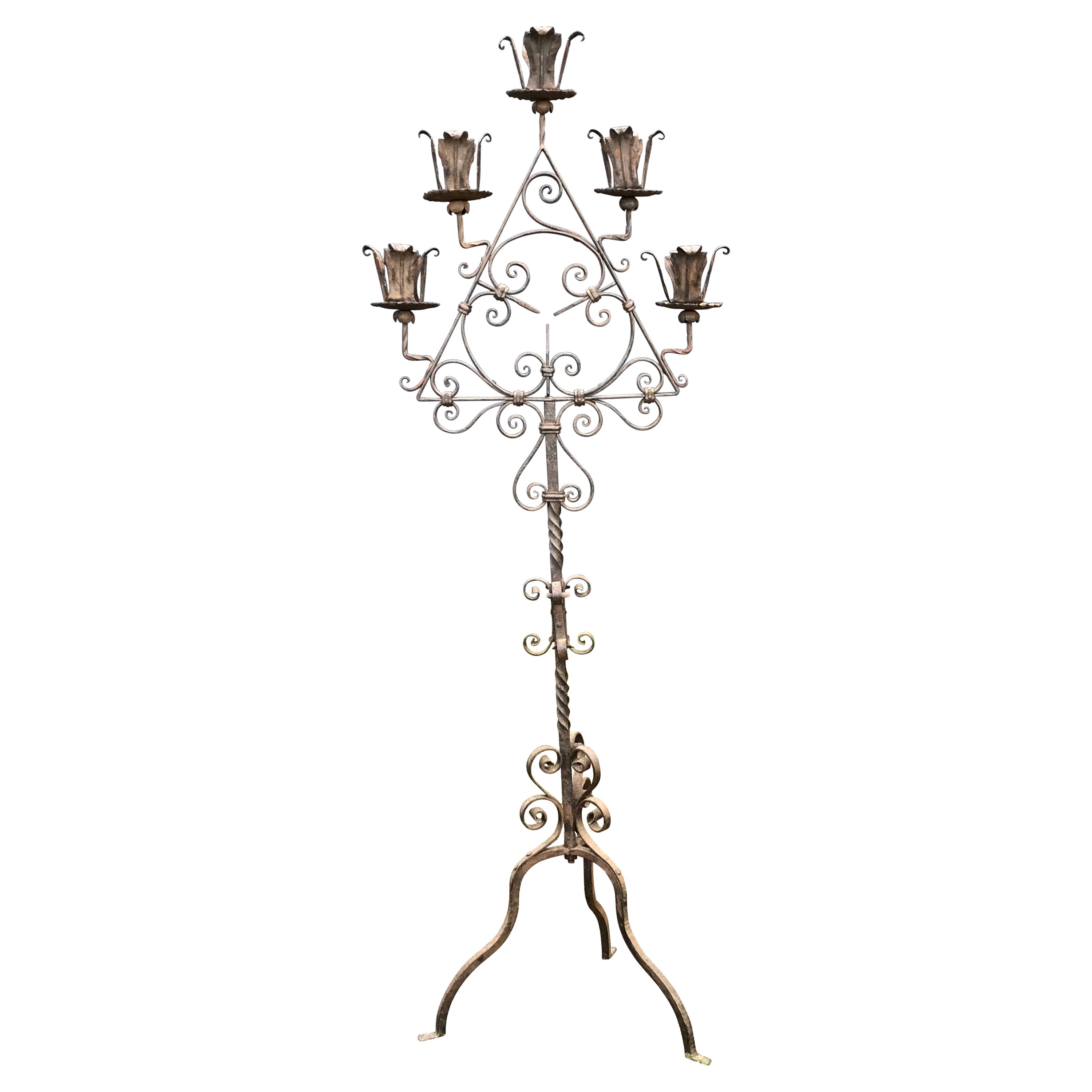 Torchere Italian Iron 5 bougeoirs ou torches monumentales en vente