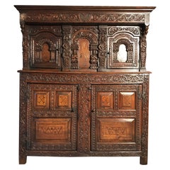 Court Cupboard Dated 1731 Initialled RR KL Inlaid Oak Fruitwood Masks