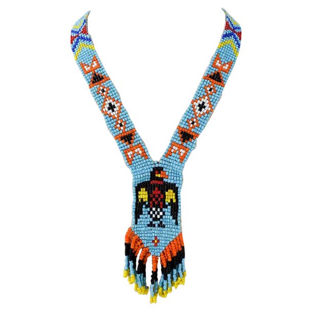 Vintage 1970's woven beaded Native American necklace with intricate patterns and colors