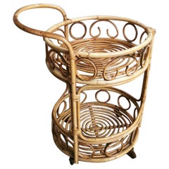 Chariot de bar italien vintage en bambou et rotin de style Franco Albini