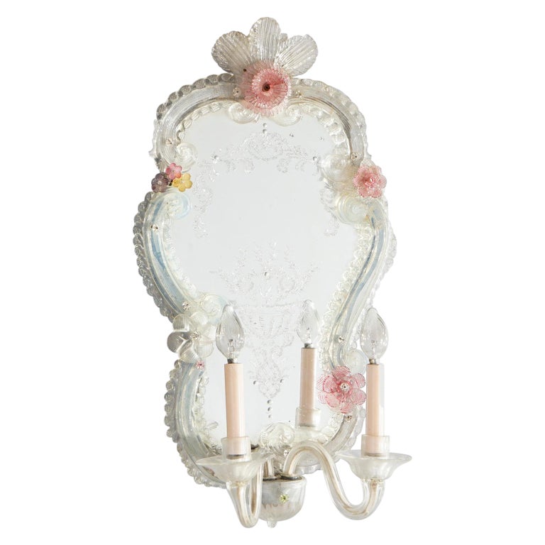 Antique Engraved Glass Mirrored Candle Wall Sconce, c1920 For