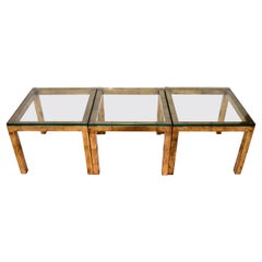 Trio of Gilt Metal Parsons Side Tables With Thick Glass Tops