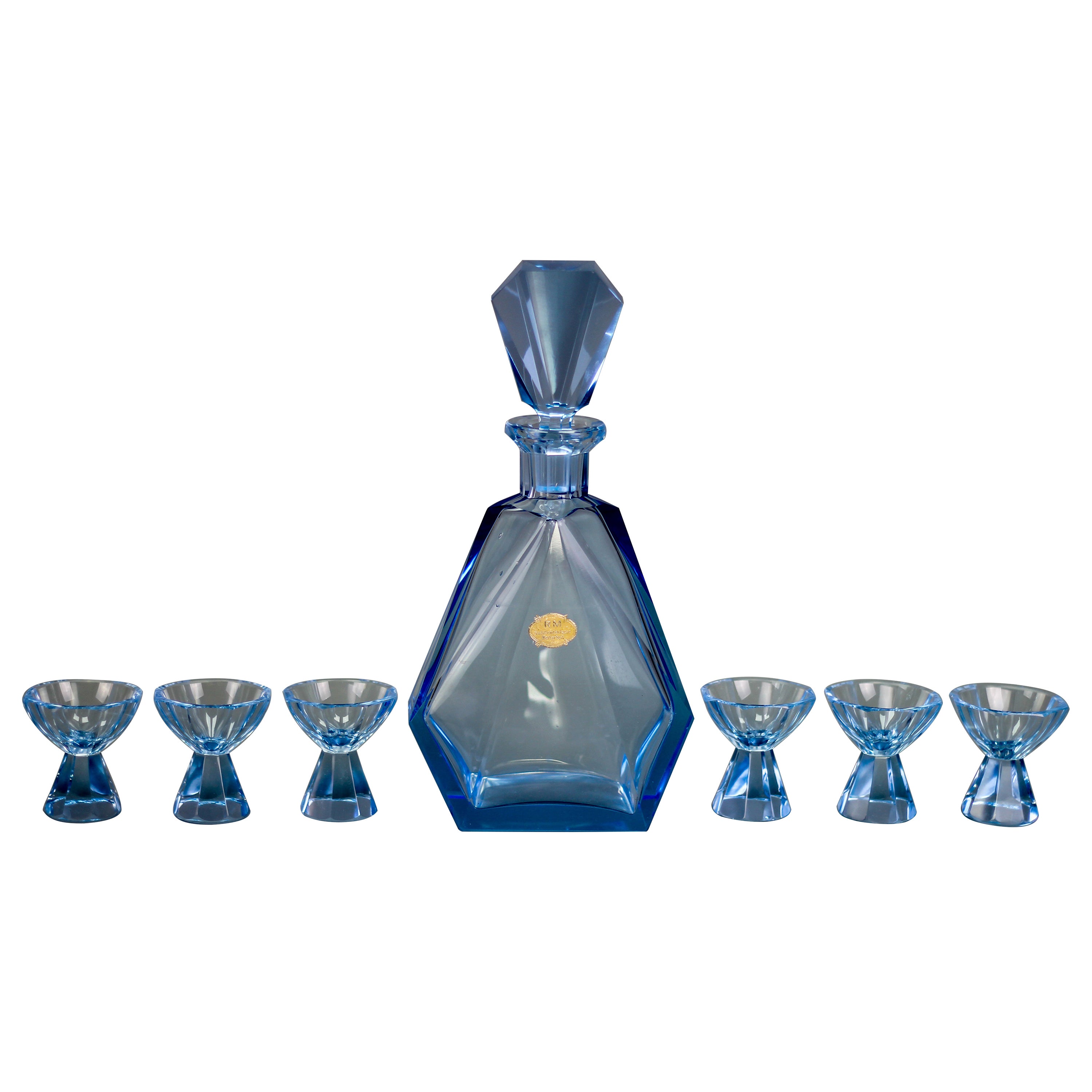 Ensemble de carafe et 6 verres de Bohème Art Déco de couleur bleue, années 1930