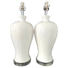 Retro Pair of Modernist Ceramic Urn Lamps in White Glaze with Lucite Bases, c. 1960's