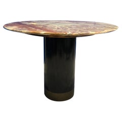 Italian Round Table 1950s Onyx Marble Top Wiith Black Wooden Base and Brass Band