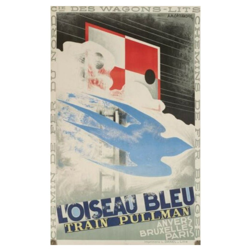 Affiche de voyage originale AM Cassandre, Blue Bird Pullman Train, Wagons Lits, 1929 en vente