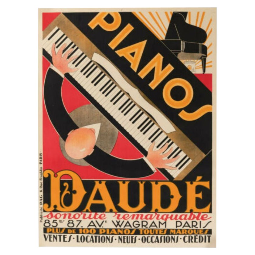 Andre Daude, affiche de musique Art Déco originale, Piano Daude, Paris, 1926