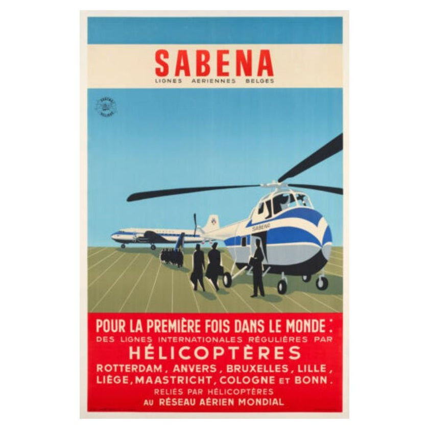 Original Airline Poster-Sabena-Sikorsky S55-Helicopter-Avion, 1955 For Sale