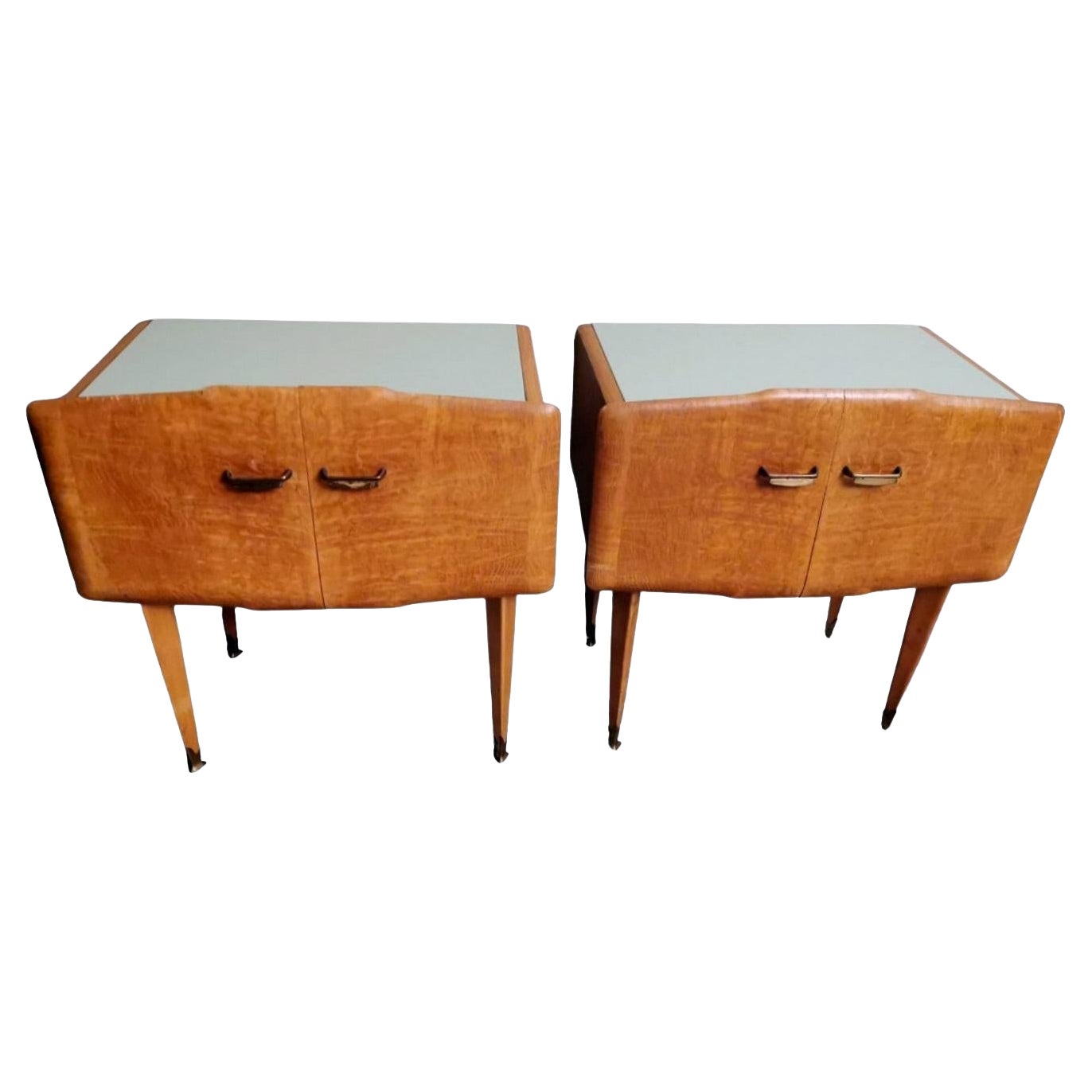 Ico Parisi Style  Vintage Pair of Nightstands with Glass Paste Top