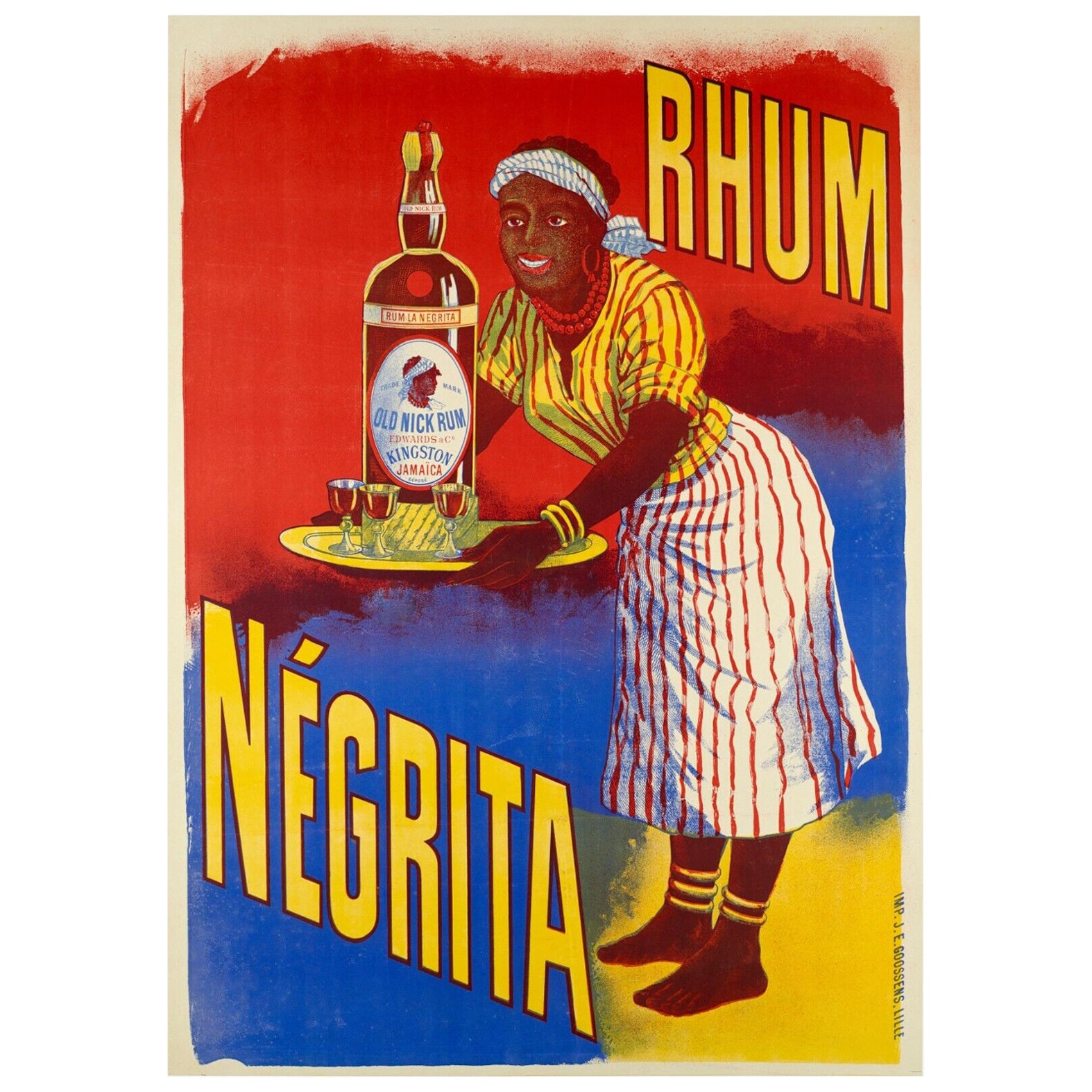 Affiche originale de Rum, Rhum Negrita Old Nick, Antiquités des Indes occidentales, 1899