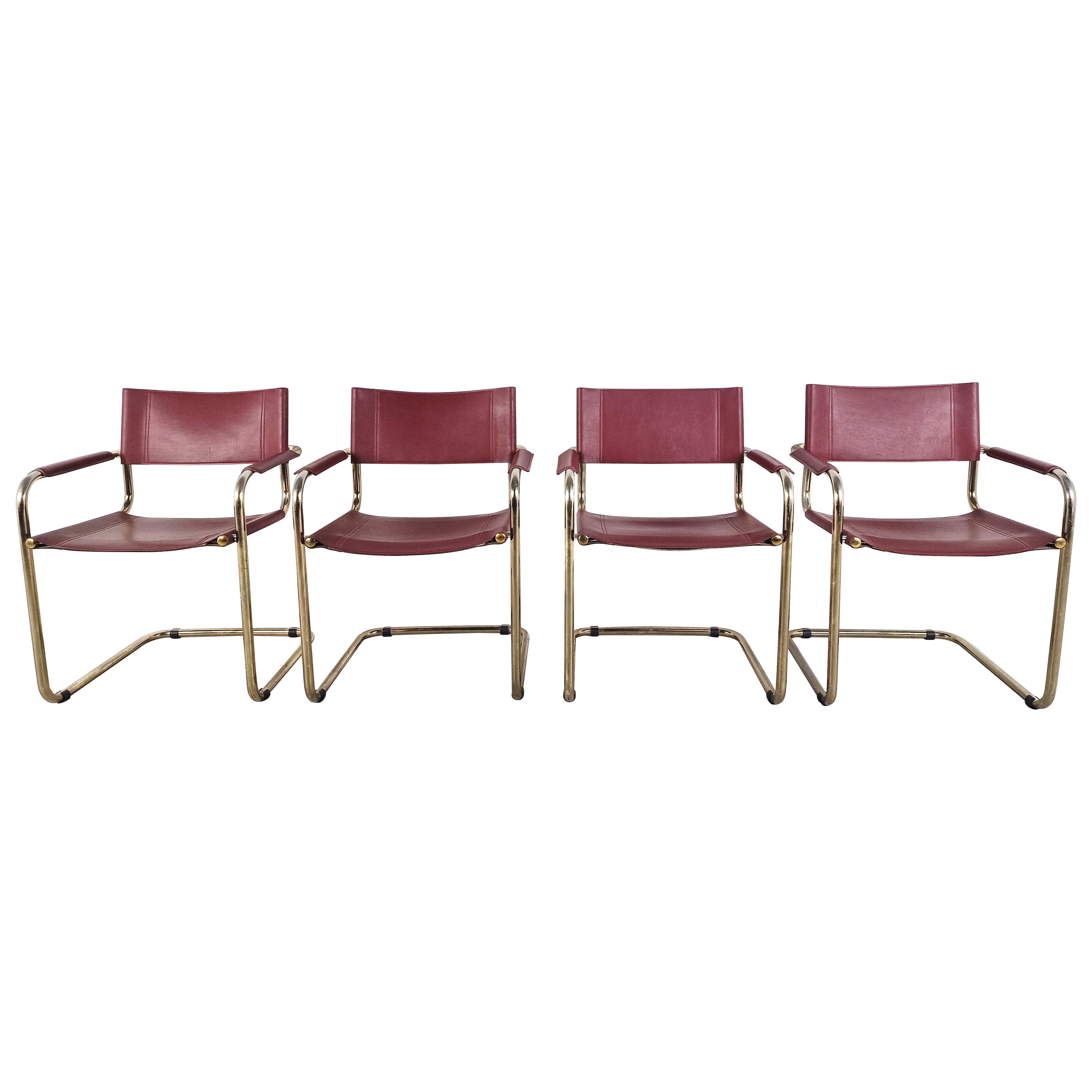 Red Leather Bauhaus Design Dining Chairs, 1980