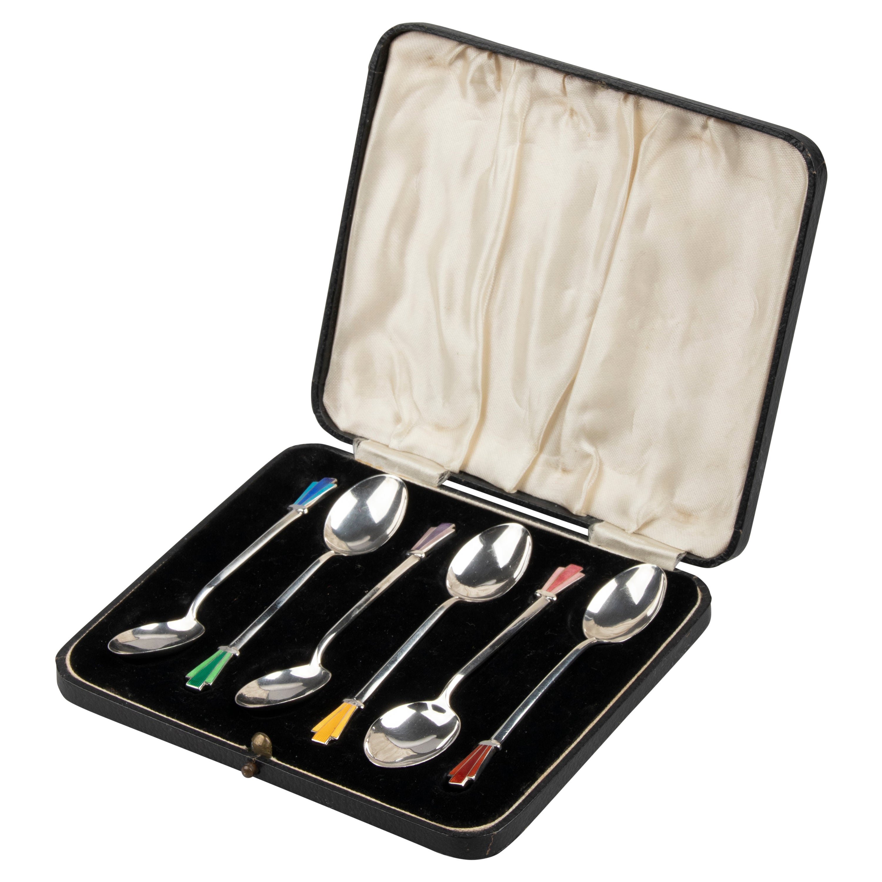 Set of 6 Sterling Silver Enameled Art Deco Teaspoons from Birmingham 1936 For Sale