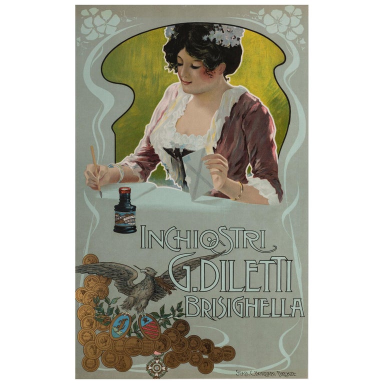 Original Vintage Ink and Pen Poster, Inchiostri G. Diletti, Italy, Quill, 1900 For Sale