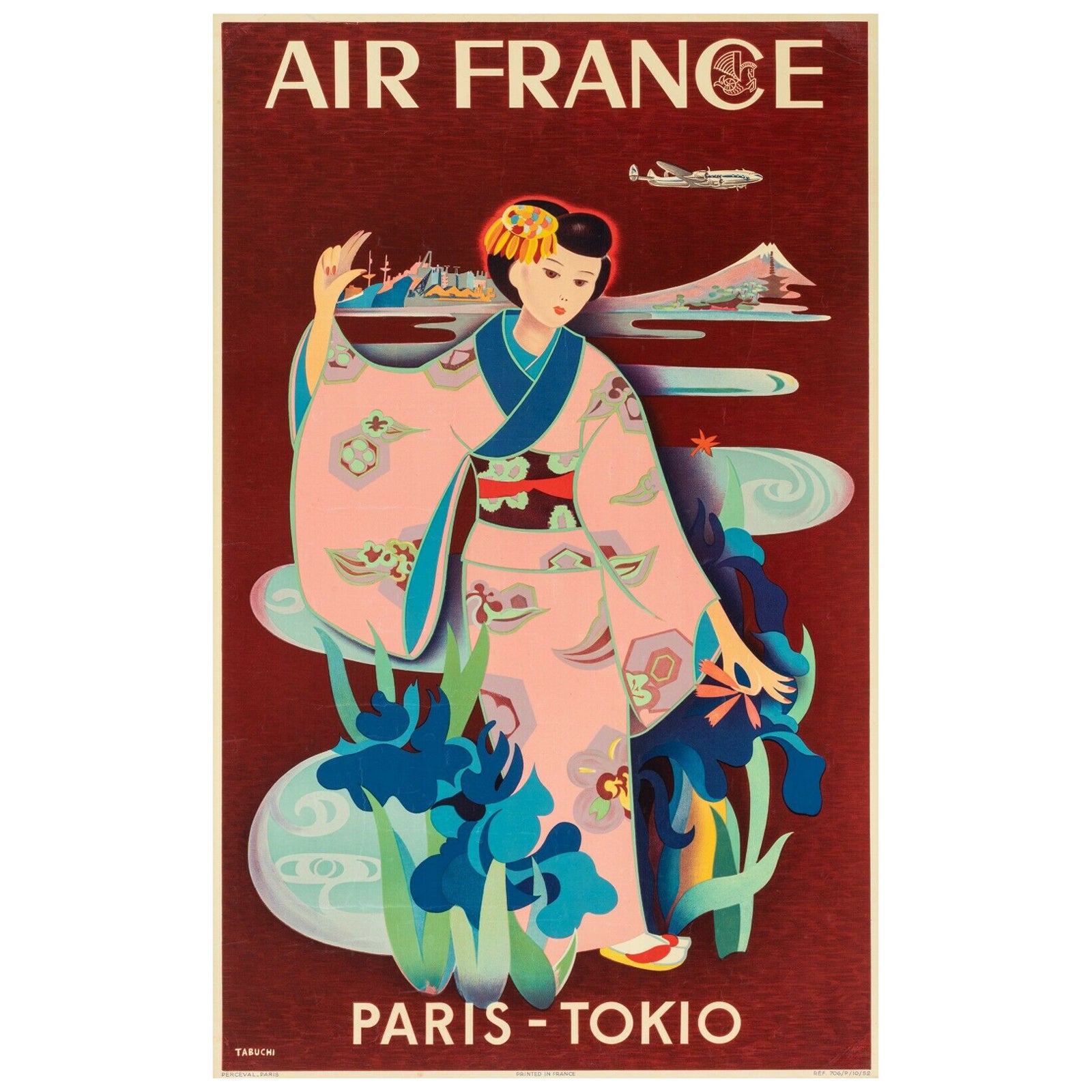 Affiche d'origine d'Airline Yasse Tabuchi, Air France, Paris Tokyo, 1952