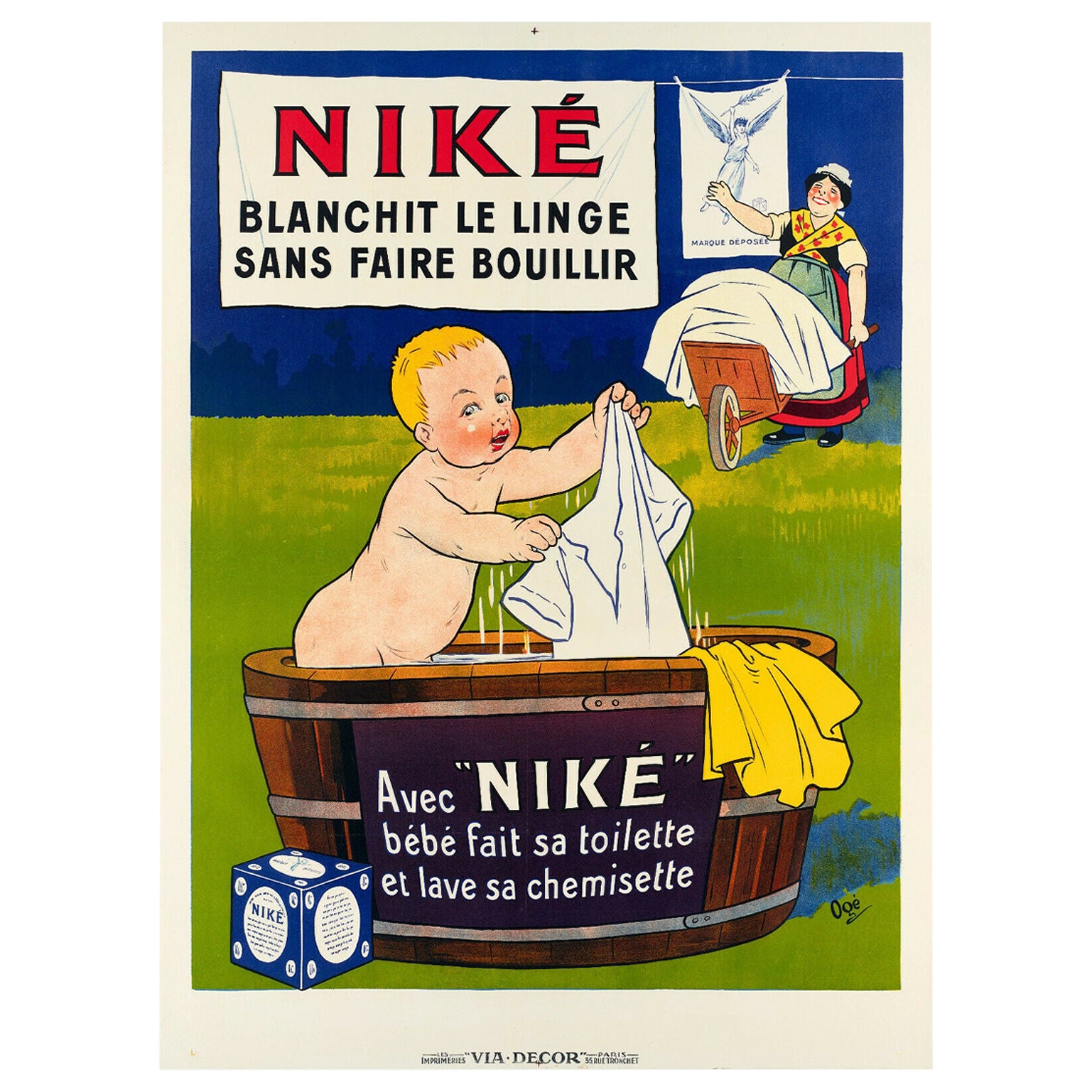 Eugene Oge, Affiche vintage d'origine, Nike Soap Bulles-Linge-Baby-Xxe