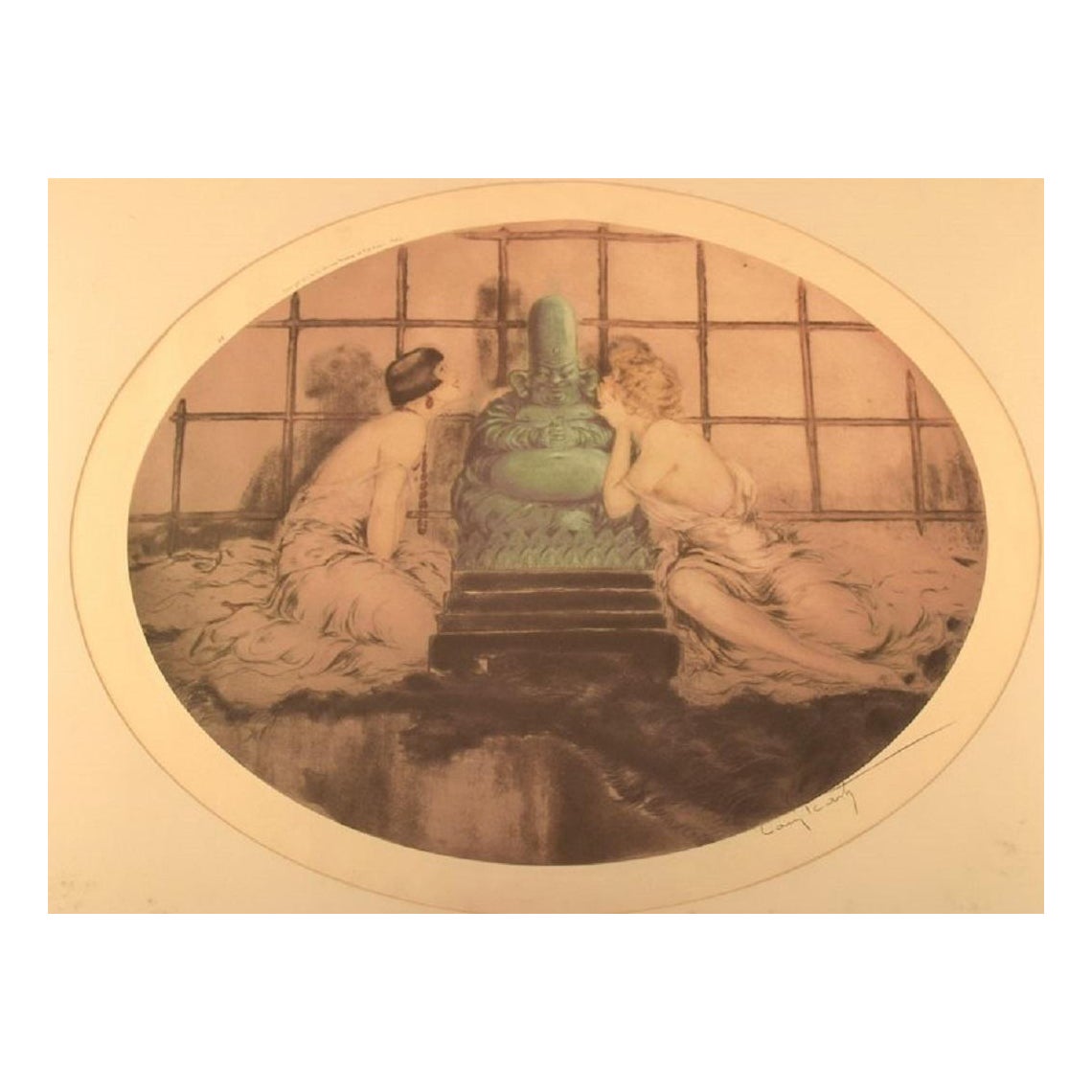 Louis Icart (1888-1950). Aguafuerte sobre papel. Mujeres y buda. 1920 / 30's.