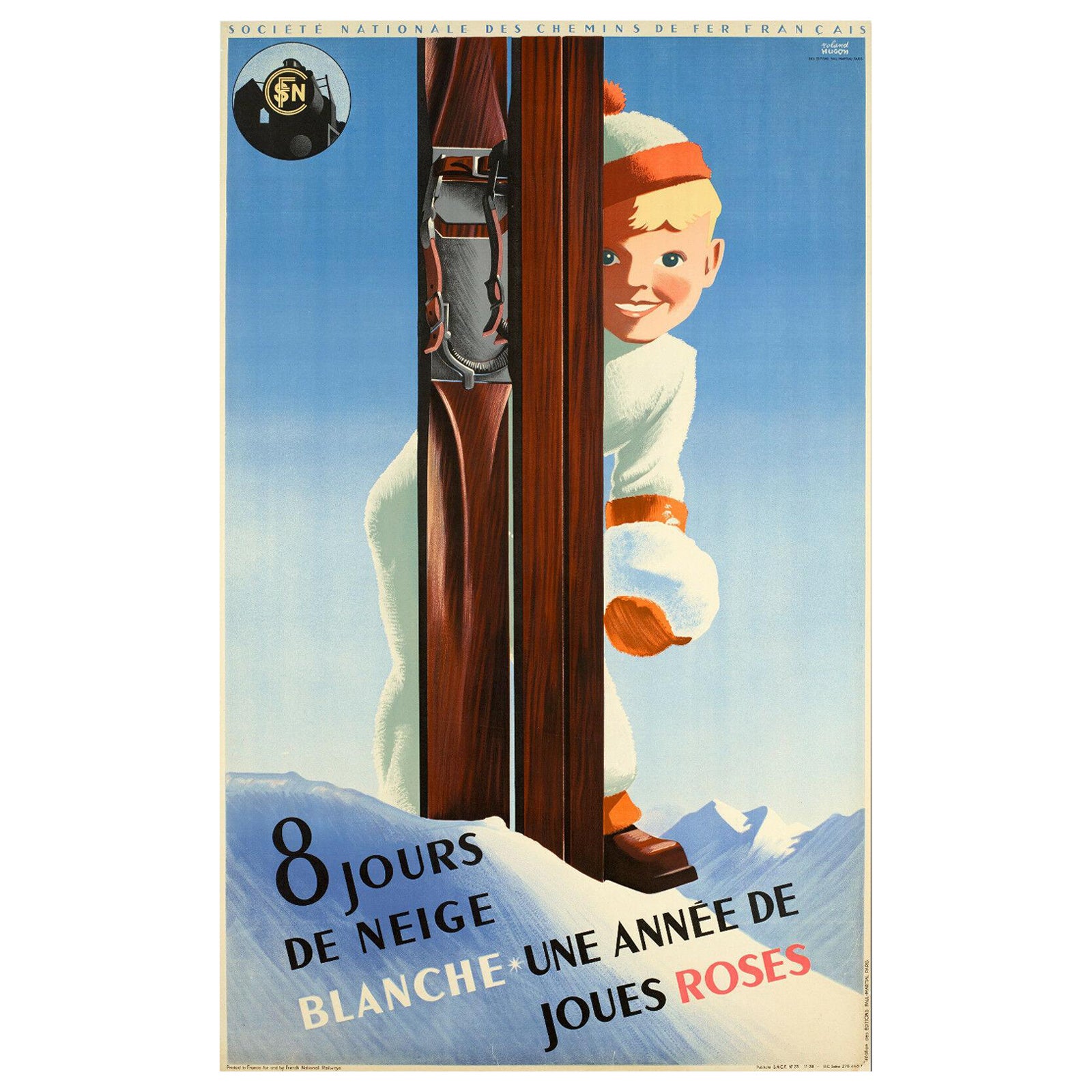 Roland Hugon, affiche de voyage originale vintage, Neige, Montagne, Ski, 1938